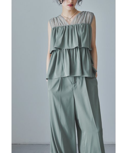niana ニアナ フリルブラウス&ワイドパンツセットドレス パーティードレス パンツドレス 結婚式 ノースリーブ 袖なし セパレート チュール Vネック 無地 5cm ニアナ