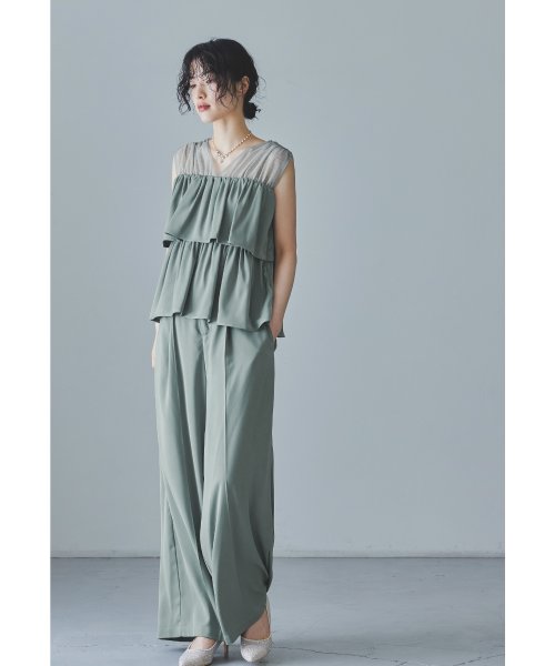 niana ニアナ フリルブラウス&ワイドパンツセットドレス パーティードレス パンツドレス 結婚式 ノースリーブ 袖なし セパレート チュール Vネック 無地 5cm ニアナ