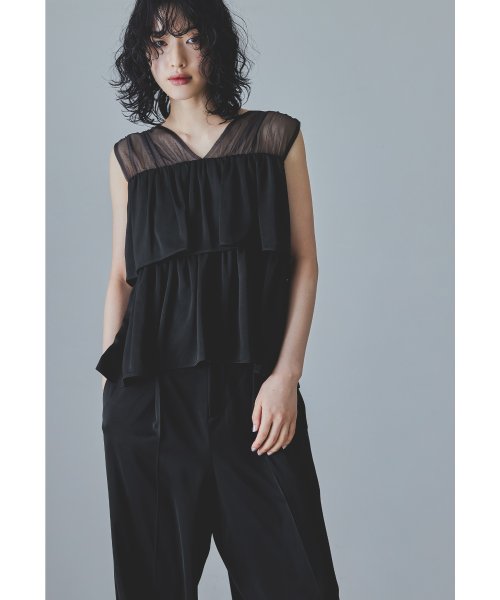 niana ニアナ フリルブラウス&ワイドパンツセットドレス パーティードレス パンツドレス 結婚式 ノースリーブ 袖なし セパレート チュール Vネック 無地 5cm ニアナ