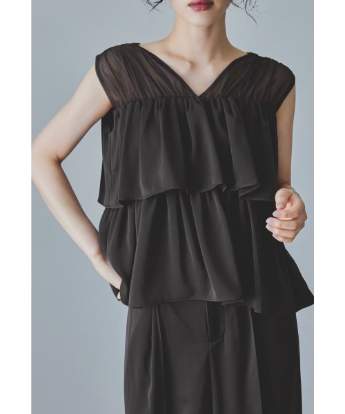 niana ニアナ フリルブラウス&ワイドパンツセットドレス パーティードレス パンツドレス 結婚式 ノースリーブ 袖なし セパレート チュール Vネック 無地 5cm ニアナ