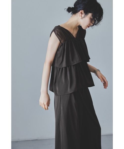 niana ニアナ フリルブラウス&ワイドパンツセットドレス パーティードレス パンツドレス 結婚式 ノースリーブ 袖なし セパレート チュール Vネック 無地 5cm ニアナ