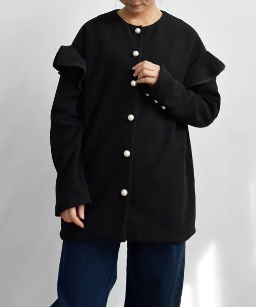ARGO TOKYO(アルゴトウキョウ)/Ruffle Sleeve Pearl Button Jacket 21108 フリルスリーブパールボタンジャケット　オーバージャケット　ウールジャケット　フリ/img02