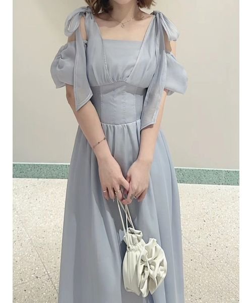 リボンショルダーウエストリブワンピース 予めご了承ください