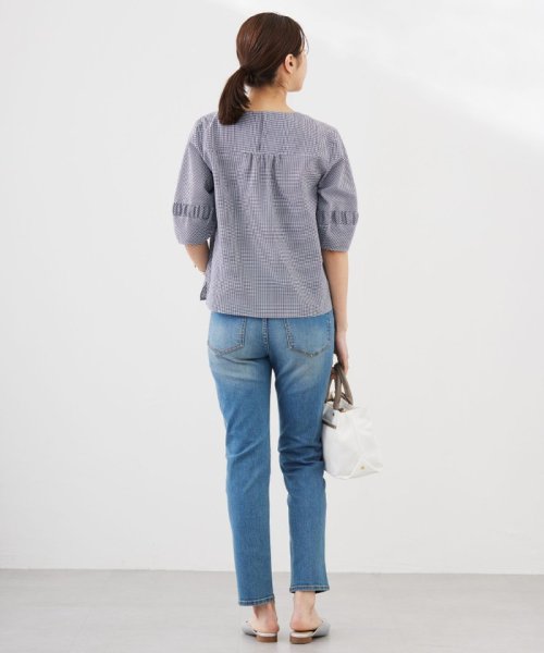 【洗える】アセVis ギンガム ボリュームスリーブ ブラウス 大きいサイズ 小さいサイズ