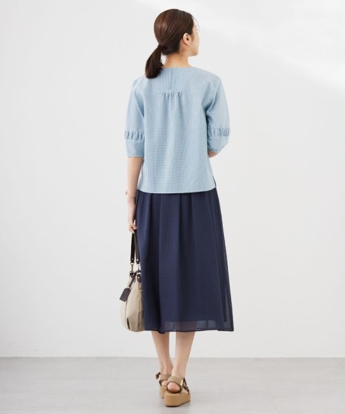 【洗える】アセVis ギンガム ボリュームスリーブ ブラウス 大きいサイズ 小さいサイズ