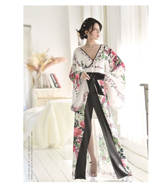 キャバドレス 和柄 着物ドレス 白 花魁 和柄ドレス キャバクラ 和装 コスプレ ハロウィン 花魁コスプレ 大きいサイズ 流遊 