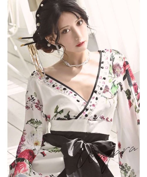 キャバドレス 和柄 着物ドレス 白 花魁 和柄ドレス キャバクラ 和装 コスプレ ハロウィン 花魁コスプレ 大きいサイズ 流遊 