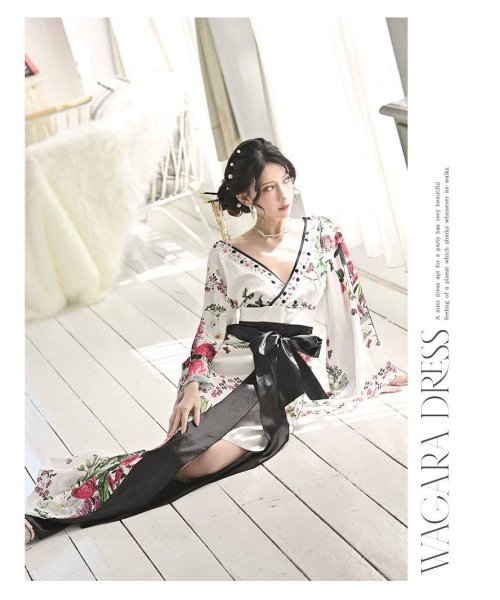 キャバドレス 和柄 着物ドレス 白 花魁 和柄ドレス キャバクラ 和装 コスプレ ハロウィン 花魁コスプレ 大きいサイズ 流遊 