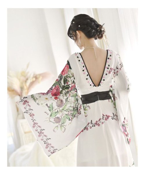 キャバドレス 和柄 着物ドレス 白 花魁 和柄ドレス キャバクラ 和装 コスプレ ハロウィン 花魁コスプレ 大きいサイズ 流遊 