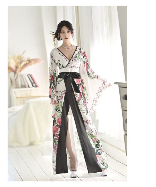 キャバドレス 和柄 着物ドレス 白 花魁 和柄ドレス キャバクラ 和装 コスプレ ハロウィン 花魁コスプレ 大きいサイズ 流遊 