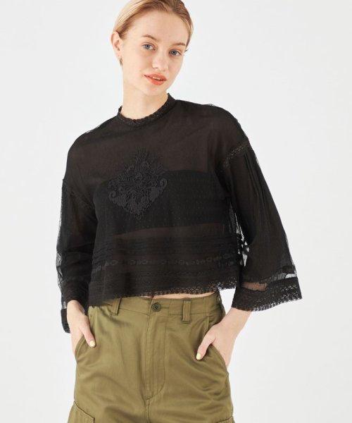 チュールエンブロイダリー クロップドブラウス 