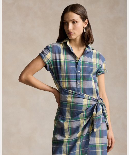 チェック セルフタイ コットン シャツドレス Cotton TM