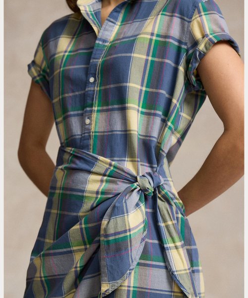 チェック セルフタイ コットン シャツドレス Cotton TM