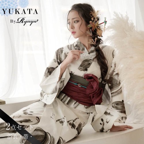 浴衣 白 シック 大人浴衣 水墨画 古典 2点セット 高級 上品 女性用浴衣 レトロモダン Ryuyu 