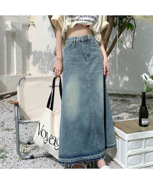 セール】デニムロングスカート デニムスカート フリンジデニムスカート  