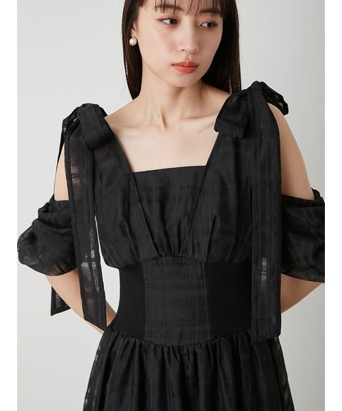 リボンショルダーウエストリブワンピース 予めご了承ください