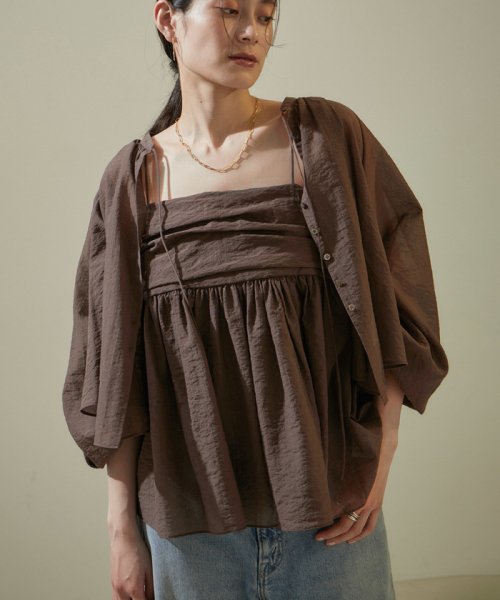 オーガニックコットンシアーギャザーフレアブラウス【アンサンブル対応】 アンサンブル対応 JSB1353159138(10450円)