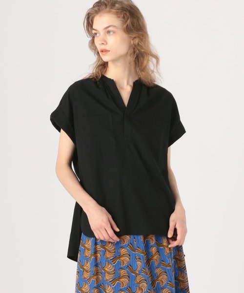 コットンドビーストライプ バンドカラーブラウス 