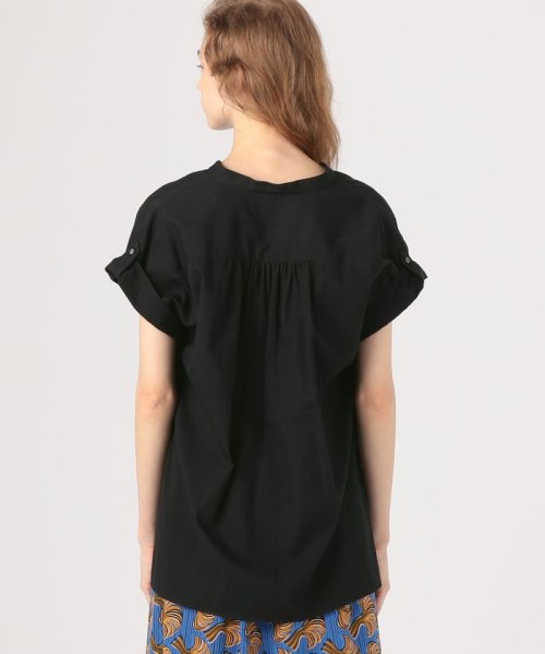 コットンドビーストライプ バンドカラーブラウス 