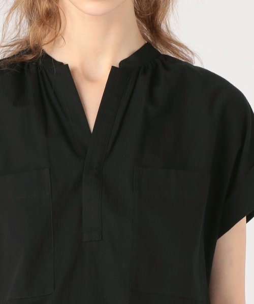 コットンドビーストライプ バンドカラーブラウス 