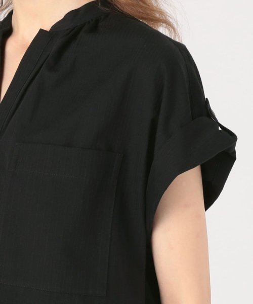 コットンドビーストライプ バンドカラーブラウス 