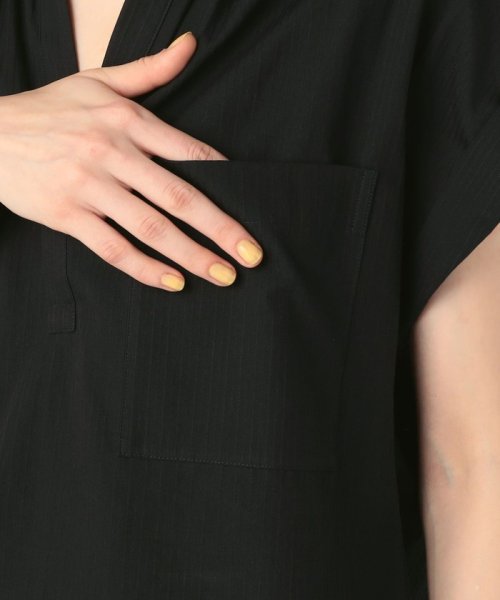 コットンドビーストライプ バンドカラーブラウス 