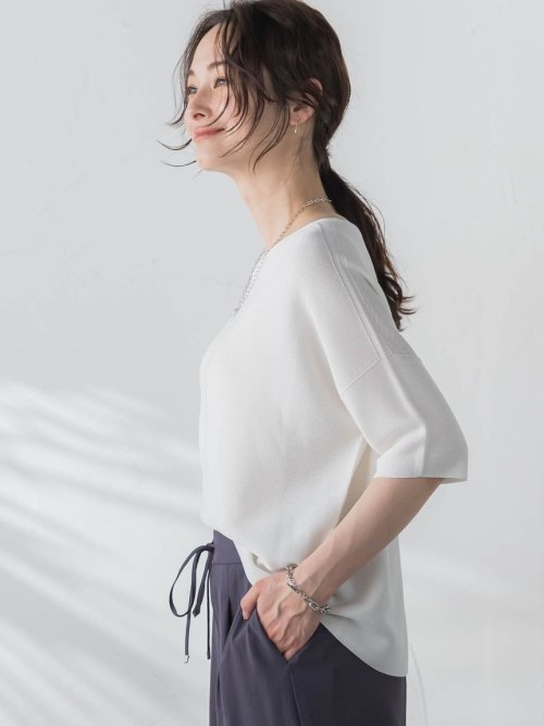 【新色追加】ホールガーメント5分袖ニットプルオーバー≪手洗い可能≫ 