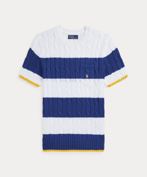 ストライプド ケーブルニット コットン セーター 