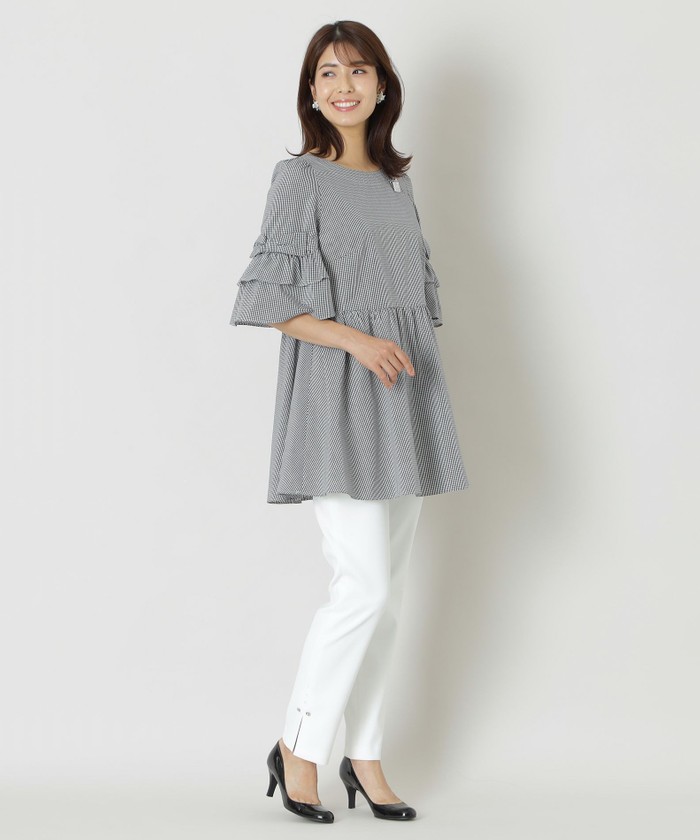 L】【WEB限定】コットンギンガムチェック チュニックブラウス