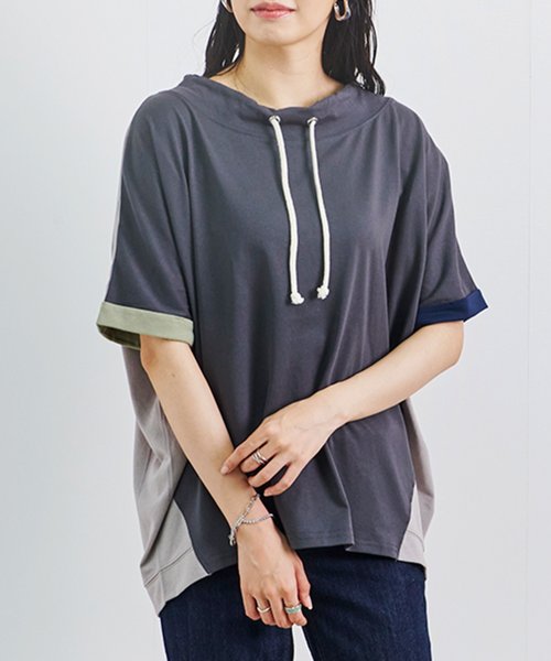 Fizz(フィズ)/フィズ Fizz 配色デザインルーズハイネックゆるプルオーバー 天竺 Tシャツ 後ろ コンビ SS 半袖 マルチ/img13