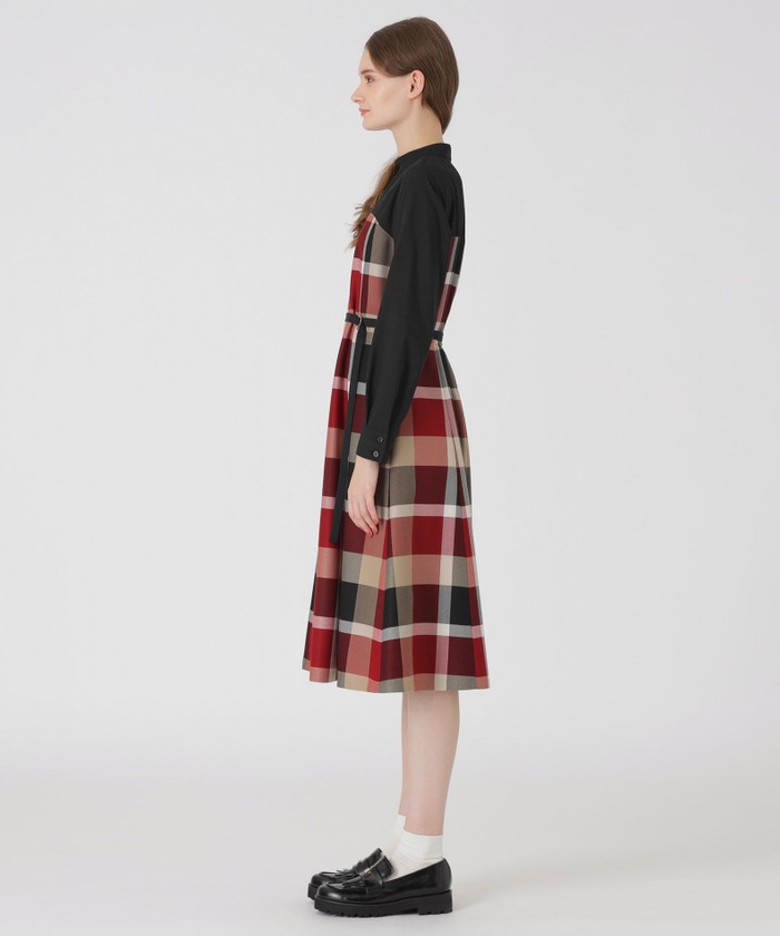 極美品　クレストブリッジ チェックウールビエラニットスリーブドレス 36 クレストブリッジチェッククロッシングビエラドッキングドレス