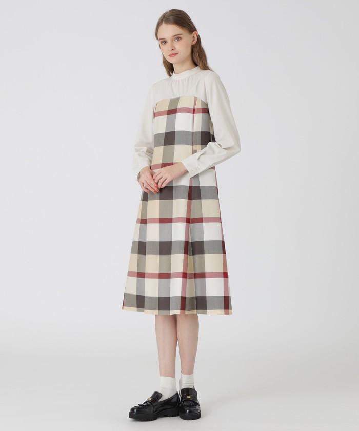極美品　クレストブリッジ チェックウールビエラニットスリーブドレス 36 クレストブリッジチェッククロッシングビエラドッキングドレス