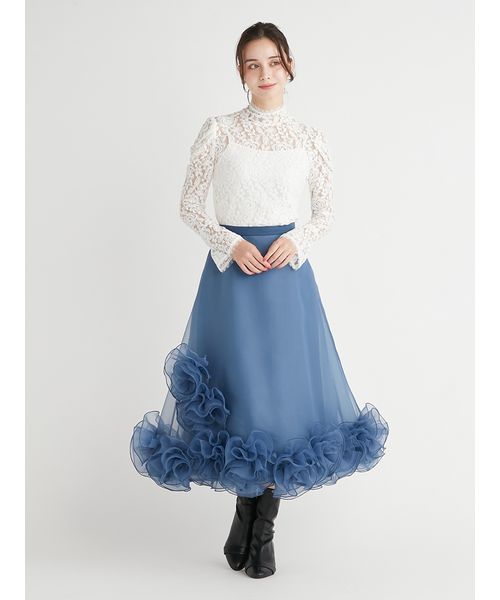 新品【CELFORD】ローズシアーフレアスカート　BLU 36サイズ YUMIKATSURAforCELFORD】ローズシアーフレアスカート(507524887