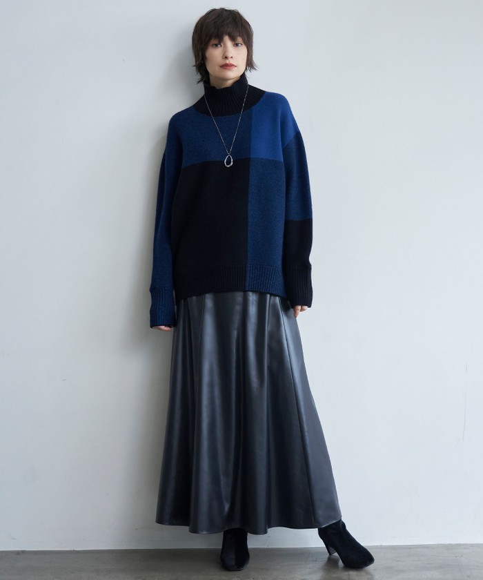 洗える】ソフトカシミヤミックス ブロッキングハイネックニット