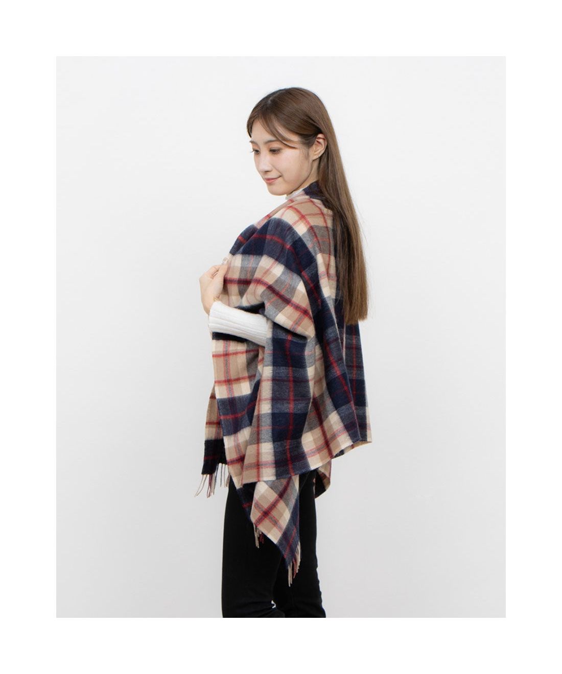 ウール100％紡毛厚手ストール ポンチョ 羽織り 70×190cm チェック