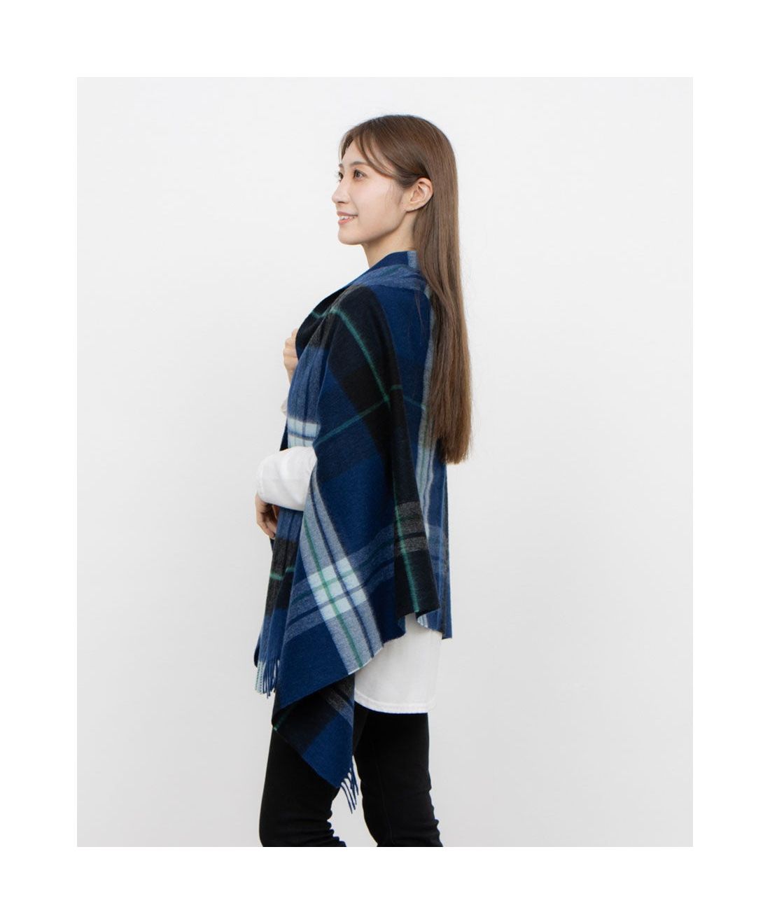 ウール100％紡毛厚手ストール ポンチョ 羽織り 70×190cm チェック