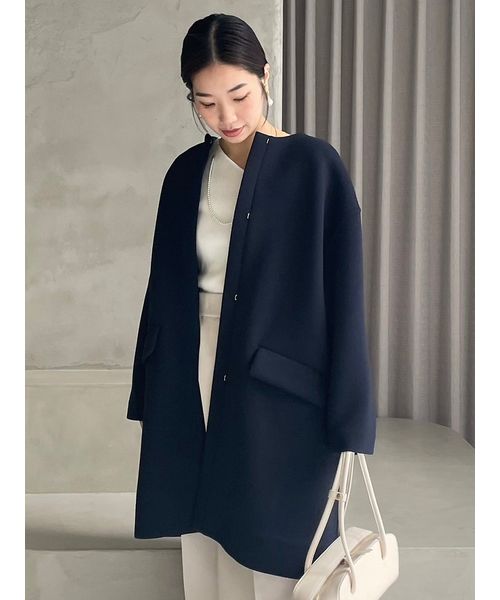美品cen. myclozette セン ウールポンチョノーカラーコートネイビー 美品cen. myclozette セン ウールポンチョノーカラーコート