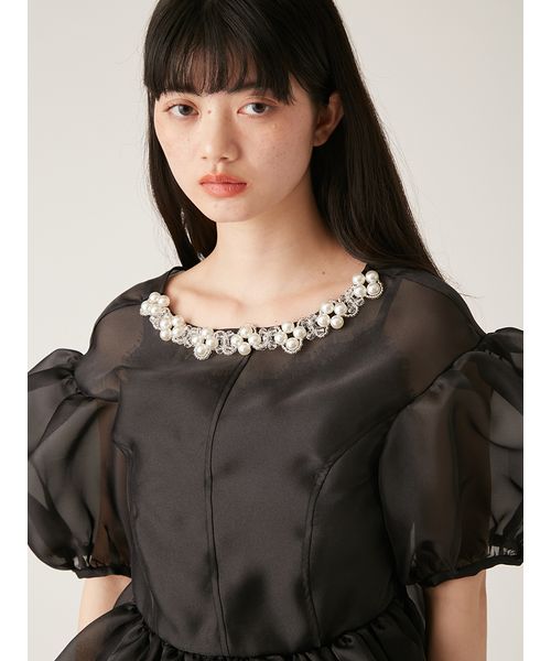 L.B CANDY STOCK]ビジューオーガンペプラムトップス(トップス