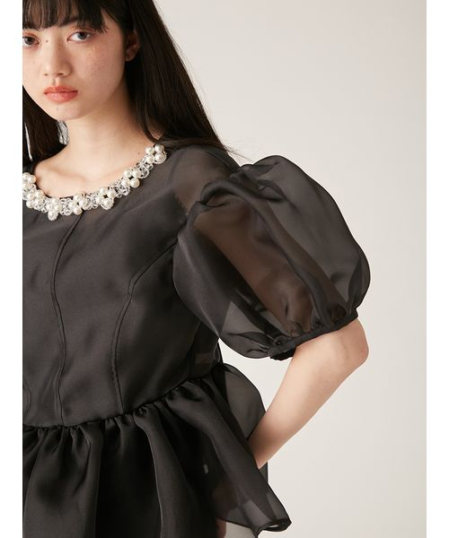 lily brown [CANDY STOCK]ビジューオーガンペプラムトップス L.B CANDY STOCK]ビジューオーガンペプラムトップス(トップス