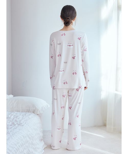 ジェラートピケ　パンダ柄ロングTシャツ&ロングパンツ　ホワイト パンダ ルームウェア （ ロングTシャツ ＋ ロングパンツ