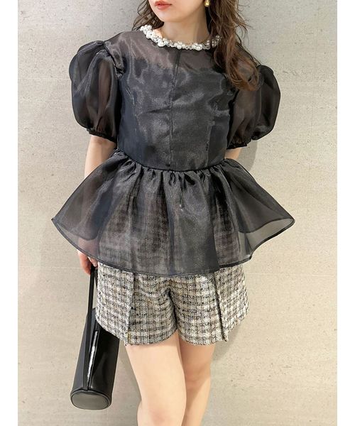 L.B CANDY STOCK]ビジューオーガンペプラムトップス(507856346
