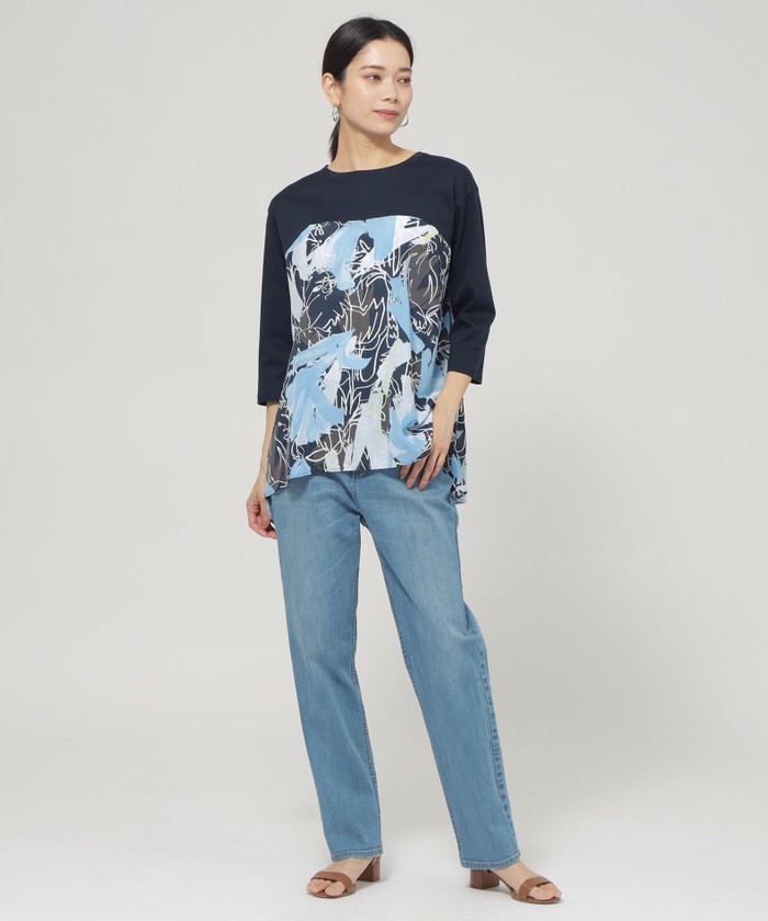 tシャツ 「ウォシャブル」フラワープリントコンビカットソー レディース ウォシャブル】フラワープリントコンビカットソー(507995598