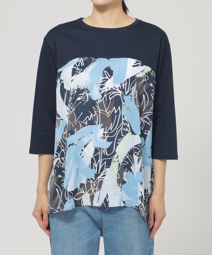 tシャツ 「L」「ウォシャブル」フラワープリントコンビカットソー レディース ウォシャブル】フラワープリントコンビカットソー(507995598