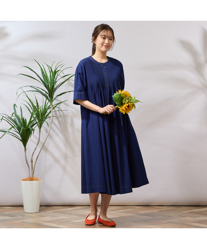 手洗いOK・綿100％】ピンタックデニムワンピース(508009569)｜阪急