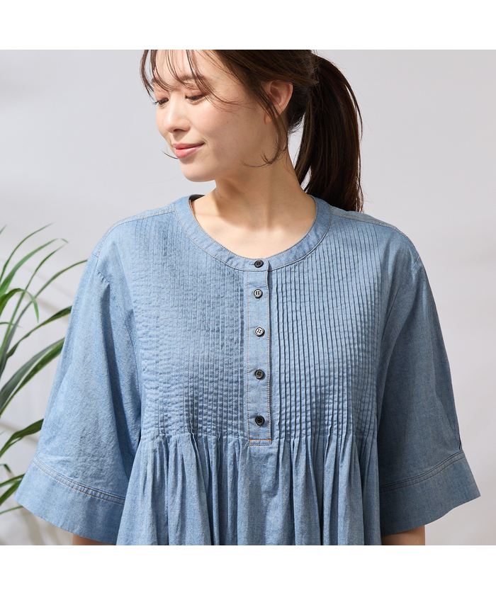 手洗いOK・綿100％】ピンタックデニムワンピース(508009569)｜阪急