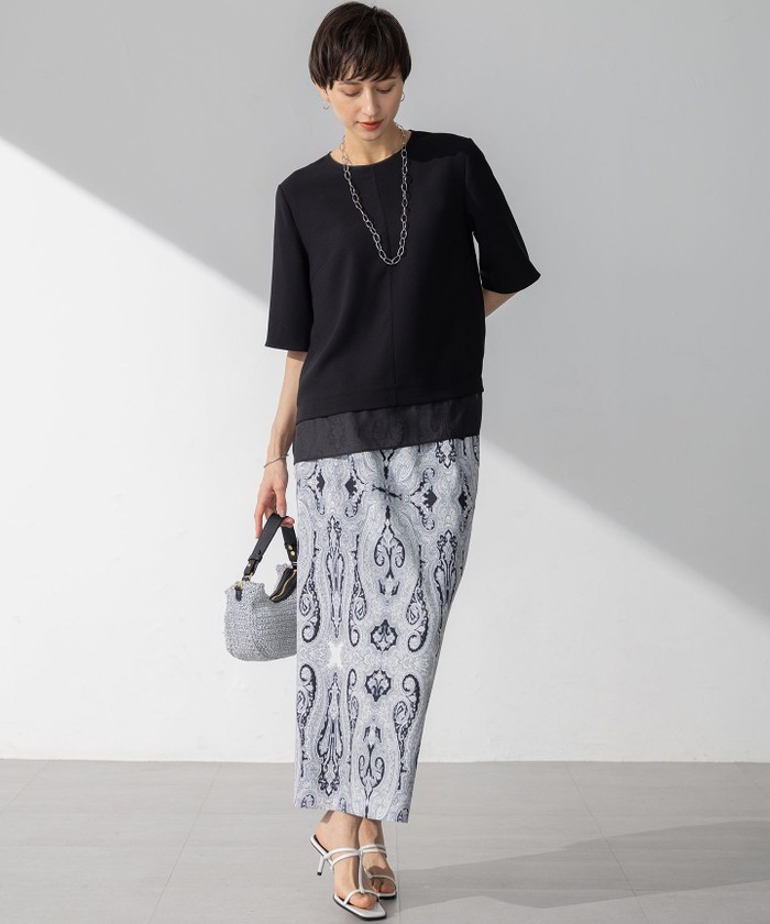 今期【吸水速乾、接触冷感】ストレッチジョーゼット シアーコンビ カットソー 吸水速乾/UVカット/接触冷感】ストレッチジョーゼット シアー