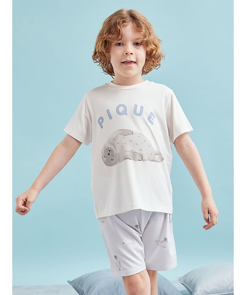 あめ　【接触冷感】あざらしワンポイントTシャツ&ロングパンツ 接触冷感】あざらしワンポイントTシャツ＆あざらし柄ロング
