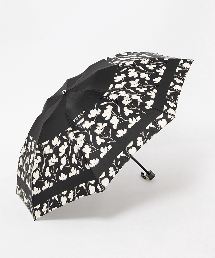 【新品】カメリア柄の折りたたみ傘 白地に黒花柄 収納ケース付き フルラ FURLA 雨傘 折りたたみ傘 コンパクト カメリア 白黒 花柄