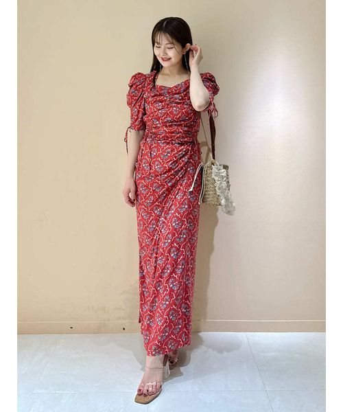 SNIDEL プリントギャザースリーブブラウス ブラック スナイデル