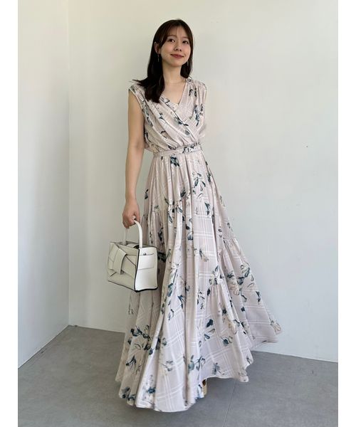 フラワープリントカシュクールワンピース フラワープリントカシュクールワンピース／接触冷感（マキシ丈